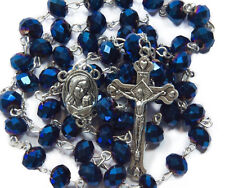 Deep Blue Crystal Beads Rosary Catholic Necklace Holy Soil Medal Cross Crucifix picture