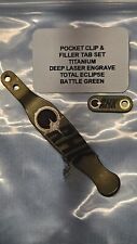 Hinderer Knives OEM Battle Green Total Eclipse Engraved Pocket Clip & Tab Set picture