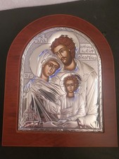 Axion Esti Holy Trinity Icons Byzantine .998 REAL Silver + Wood Greek Orthodox picture