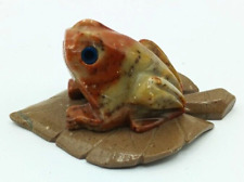 Hand Carved Soapstone Frog on Leaf Figurine Blue Eyes Vintage 3.5x2.5x1.5 picture