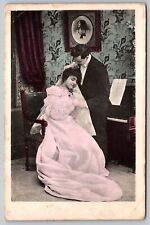 FRENCH LOVE FUNNY ROMANCE WEDDING COUPLE PHOTO RPPC ANTIQUE POSTCARD COLOR picture