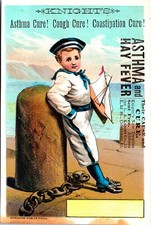 1880's Vintage Knight's Asthma Quack Remedy Trade Card Sailor Boy & Sailboat picture