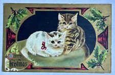 Merry Christmas Vintage Cat Postcard. Holly. Embossed. picture