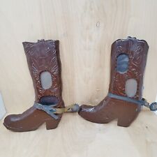 2 Wooden Boot Shaped Picture Frames brown spurs holds 2 pics each picture
