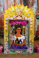 Tin Retablo Frida Kahlo & Her Pet Parrots Handmade Hand Painted Mexican Folk Art picture