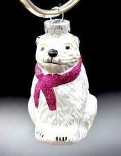 Polar Bear Blown Glass Christmas Ornament Wearing Pink Scarf ~ 3.75” picture