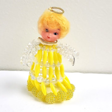 Vintage Handmade Beaded Christmas Angel Yellow 5 Inch Bead MCM Ornaments picture