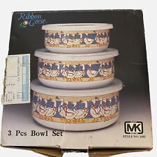 Kamenstein Ribbon Geese 1980s 3 Bowls Lids Porcelain Steel NOS Stackable Kitschy picture