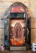Large Retablo Virgin of Guadalupe Handmade Metal Mirrors & Cupid Mexico Folk Art picture