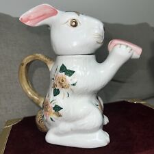 8” Hand Painted Rabbit With Flowers Tea Pot EUC picture