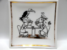 Vintage Fan Fare Poker Comic Cartoon White Glass Tray Walt Ditzen Gold Trim HTF picture