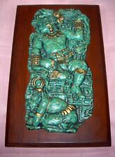 Vintage Mayan Green Stone Craft Aztec Wall Plaque Azteca Malachite & Wood Mexico picture
