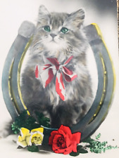 VTG 1920's Die Cut Embossed Cardboard Frame w/ Green Eyed Cat & Horseshoe Card picture
