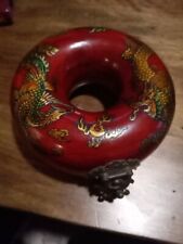 VINTAGE CHINESE DOUGHNUT JEWELRY BOX Lacquered Hand Painted Dragon W/ Brass Lock picture