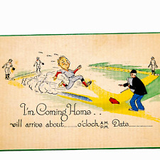 RARE 1910s 1920s BASEBALL Greeting Card Vintage COMING HOME Base Illustration picture