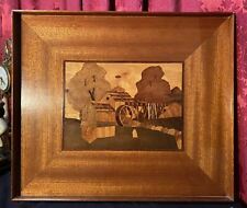 VINTAGE ANTIQUE INLAY SCENIC LANDSCAPE WOODEN PLAQUE / TRAY OLD MILLPOND picture