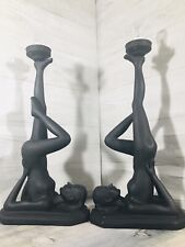 Rare Pair Vintage Art Deco Nude Lady Black Table Lamp Set 28