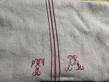 Old French Vintage Linen Grain Sack Red Stripe Rustic Farmhouse Cabin picture