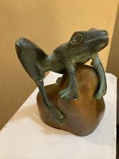 Bronze Patina Brass Tree Frog on Rock Statue Sculpture Paperweight Figurine VTG picture