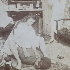 College Girl Tackling Burglar Stereoview c1899 Keystone Undressed Women A1046 picture