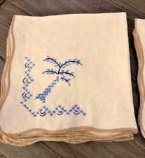 Vtg Linen Dinner Napkins Set of 8 Blue Flower/Tree Embroidered Scalloped Trim picture