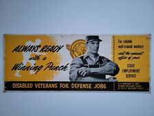 1951 U.S. VETERANS DEFENSE JOBS CARDBOARD SIGN POSTER 28X11 POST WW2 WAR SOLDIER picture