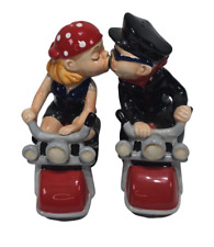 Westland Motorcycle Biker Couple Magnetic Kissing Salt & Pepper Shakers picture