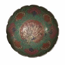 Vintage Solid Brass Ornate Bowl  Colorful Peacock Design Made In India - 4.5” picture