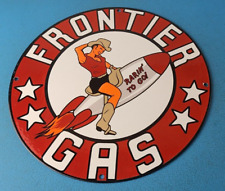 Vintage Frontier Gasoline Sign - Pinup Cowgirl Sign Gas Oil Pump Porcelain Sign picture
