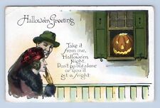 Romantic Couple Woman Scared of a JOL in Window Halloween Postcard Poem Unposted picture