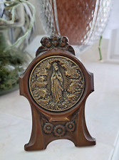 ANTIQUE FRENCH BRASS DESK STAND PLAQUE FRAME DISPLAY MOTHER MARY OF LOURDES picture