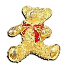 Avon Christmas Teddy Bear Lapel Pin Gold Plated Red Bow Rhinestone Eyes Vintage picture