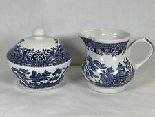 Vintage Churchill Blue Willow Creamer And Sugar Bowl With Lid Made In England picture