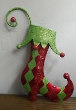 Vtg Pier 1 Elf Jester Christmas Stocking Ornament 6 in Metal Tin Glitter Sparkle picture