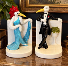 Quon-Quon Ceramic Bird Bookends Pair 1981 Glossy 3D Effect White/Blue whimsical picture