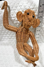 1960’s VINTAGE Rattan Wicker Sitting/Hanging Monkey-Rare Mid Century Boho Wall picture