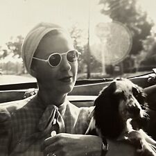 Vintage B&W Snapshot Photograph Beautiful Woman In Sunglasses In Car With Dog picture