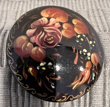 VTG Russian Hand Painted Black Lacquer Brooch Pin Signed Fairytale Round 2 inch picture