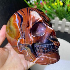 2.1LB 4.2" TopA++Flower Sardonyx Agate Skull Statue Crystal Caving Quartz Decor picture
