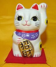 White Japanese Pottery Maneki Neko Beckoning Money Good Fortune Lucky Cat picture