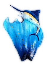 Marlin fish painted palm frond-original carved wooden Beach decor-Fishing picture