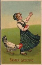 1909 EASTER GREETING Embossed Postcard Girl w/ Eggs & the Hen She Took them from picture
