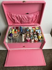 Vintage 50’s Pink Quilted Vinyl Sewing Box w/Drawer & w/Lucite Handle. Stocked. picture