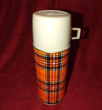 Vintage RARE Orange Plaid Sunflower Glass Lined Thermos Shanghai China READ picture