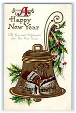 c1910 New Year Bell Holly Berries Winter Snow Embossed Antique Postcard picture