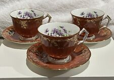 3 EE84 Vintage Aynsley Tea Cup & Saucer Red with Gold Accent Purple Floral picture