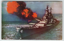 Postcard Vintage U.S.S. Missouri Battle Ship with Guns Firing a Salvo picture