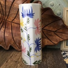 CLAY MOTIF VASE WITH HAND PAINTED FLORAL DESIGN 9” Tall USA. Bachelor Buttons picture