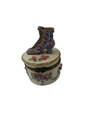 Victorian Woman's Purple Boot Trinket Box with Pink Flowers and White Ribbon picture