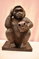 Antique Darwin Thinking Monkey Skull In Hand Sculpture Figurine Wooden Chimpanze picture
